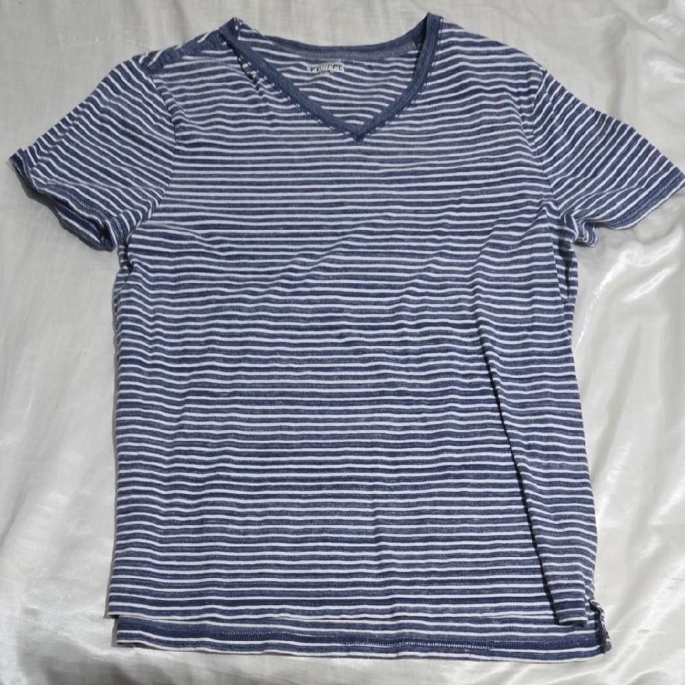 Express Navy and White Striped V-Neck Tee